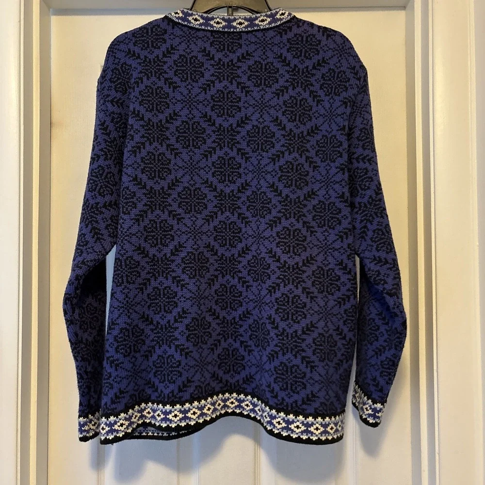 Vtg LL BEAN Sweater Womens XL Nordic Fair Isle Jacquard Cardigan Cotton Purple
